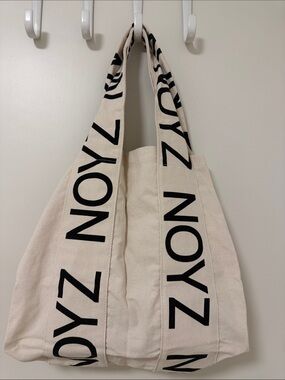 Canvas Tote with Black Logo Straps in Cream